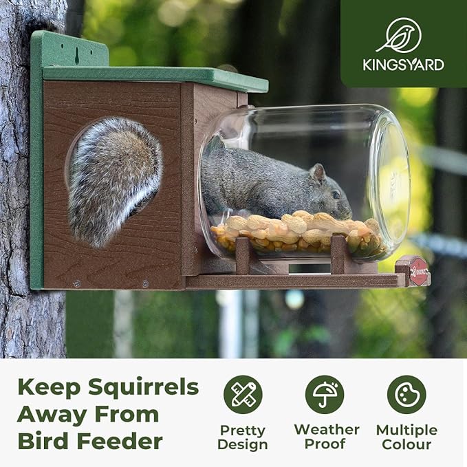 Kingsyard Recycled Plastic Squirrel Feeder for Outside, Squirrel Feeder Box with Peanuts Corn Storage Jar, Sturdy & Durable, Weatherproof (Green & Brown)