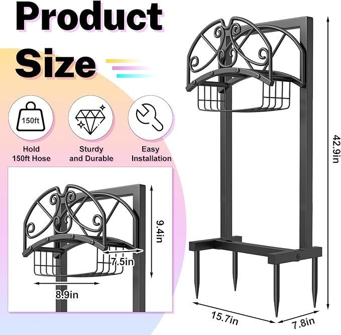 Garden Hose Holder, Freestanding Water Hose Holder with Storage Basket, Heavy Duty Metal Hose Stand Sturdy Hose Hanger, Detachable Hose Storage Rack for Outside Yard Lawn