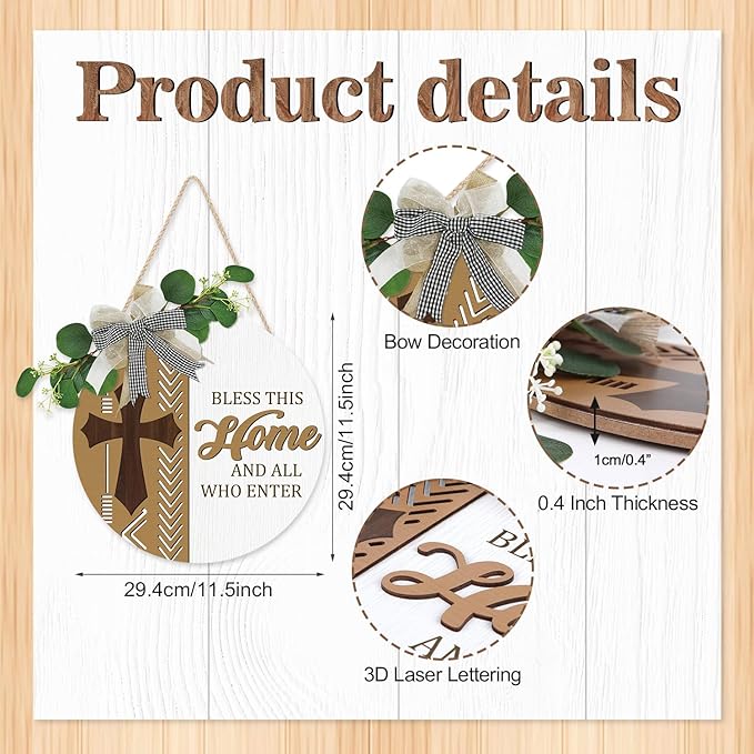 CHDITB Boho Bless This Home Front Door Sign Wreath(12"x12"), Wooden 3D Welcome Decoration Wall Hanging with Eucalyptus Leaves Plaid Bow, Rustic Religious Christian Cross Decor for Front Porch Outdoor