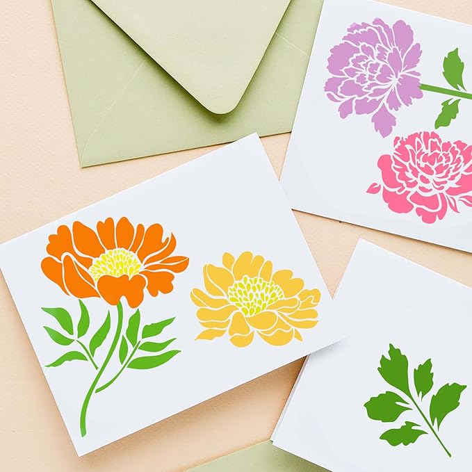 6 PCS Large Flower Stencils, Sunflower Peony Reusable Plastic Paint Templates for Painting on Wood, Floral Plant Stencils Set for Garden Fence Wall Mural Wood Furniture Fabrics Art DIY Craft Decor