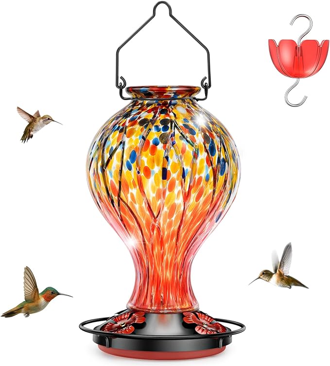 Hummingbird Feeders for Outdoors – Blown Glass Hanging Hummingbird Feeder with Ant Moat, 28 Ounces Large Capacity,Leakproof Wide Mouth, Decorative Bird Feeder for Garden, Yard, Patio, or Window