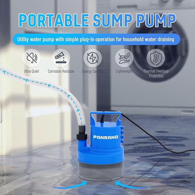 1 HP Submersible Water Pump 3500 GPH Portable Small Sump Pump For Pool Cover, Basements, Puddles, Gardens Ponds With 16.4 Ft Power Cord and Hose Adapters, Blue