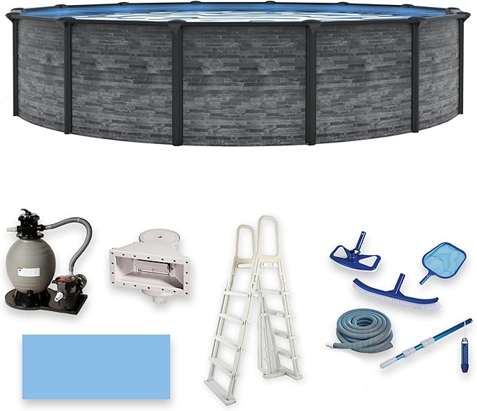 Blue Wave Marbella 24-ft Round 52-in Deep Above Ground Swimming Pool – with Steel Wall & Top Rails, Sand Filter, Overlap Liner, A-Frame Ladder & Maintenance Kit – Complete Outdoor Pool Accessories