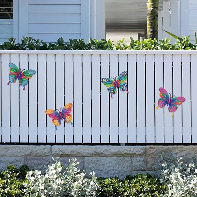 4 Pcs Butterfly Wall Decor Art, Metal Butterflies Outdoor Wall Art with Colorful Leaves, Hand Painted Outdoor Decor for Garden, Yard, Fence, Patio Decoration