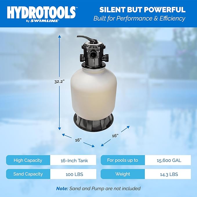 HYDROTOOLS BY SWIMLINE 16 Inch Sand Filter Combo Set With Stand & Multi Port Valve | 100 Pound Sand Capacity
