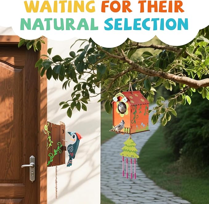 Paint Your Own BirdHouses, Wooden Painting Crafts Kits for Kids, Wooden Woodpecker Doorbell & DIY Bird House for Outside, Arts and Crafts for Kids Ages 8-12, Gifts for 8-12 Year Old Girls Boys