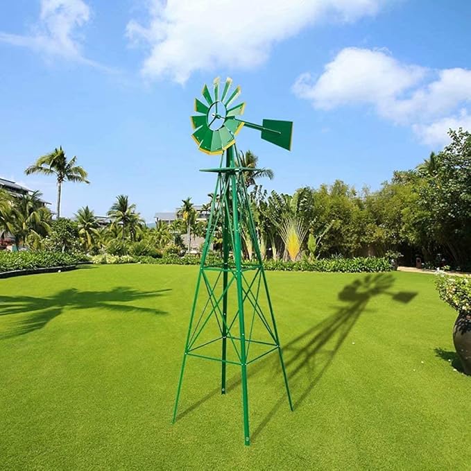 VINGLI 8FT Ornamental Windmill Backyard Garden Decoration Weather Vane, Heavy Duty Metal Wind Mill w/ 4 Legs Design (Green, 8, Feet, 21.6, Inches, 8.00, Feet, 25.98, Inches, 25.98, Inches)