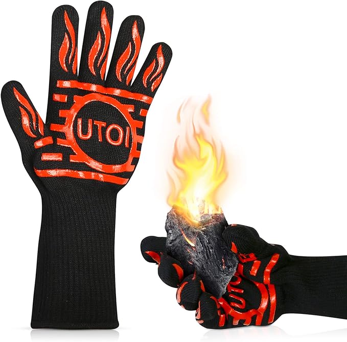BBQ Grill Gloves 1472°F Heat Resistant, XL Long Non-Slip Oven Mitts Grilling Gloves for Men, for Campfire Cooking & Fire Pit, Smoker, Outdoor Cooking Essentials, Washable, Red