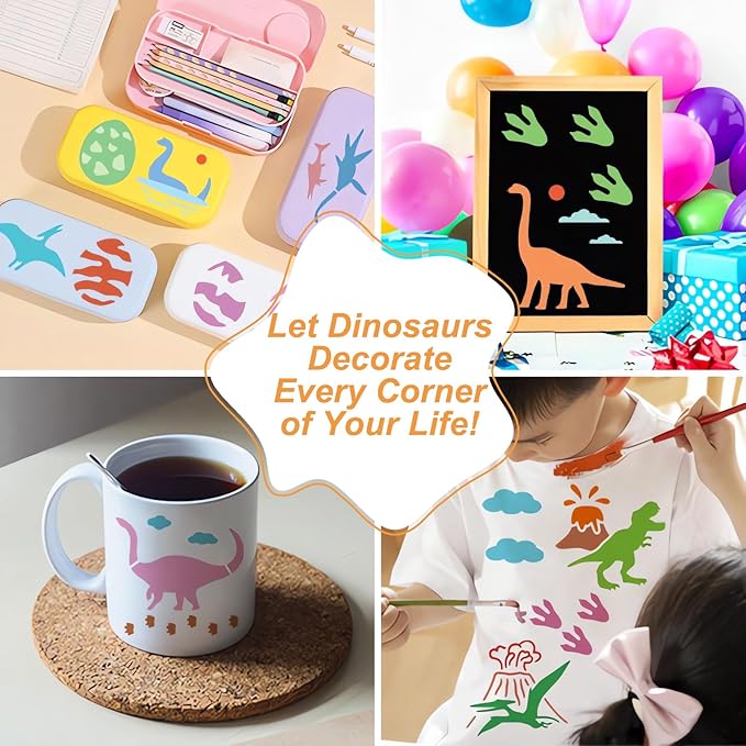 Dinosaur Stencils for Painting, 64PCS Dino Patterns Small Stencils for Crafts Reusable, Prehistoric Theme Stencils for Kids & Home Decor