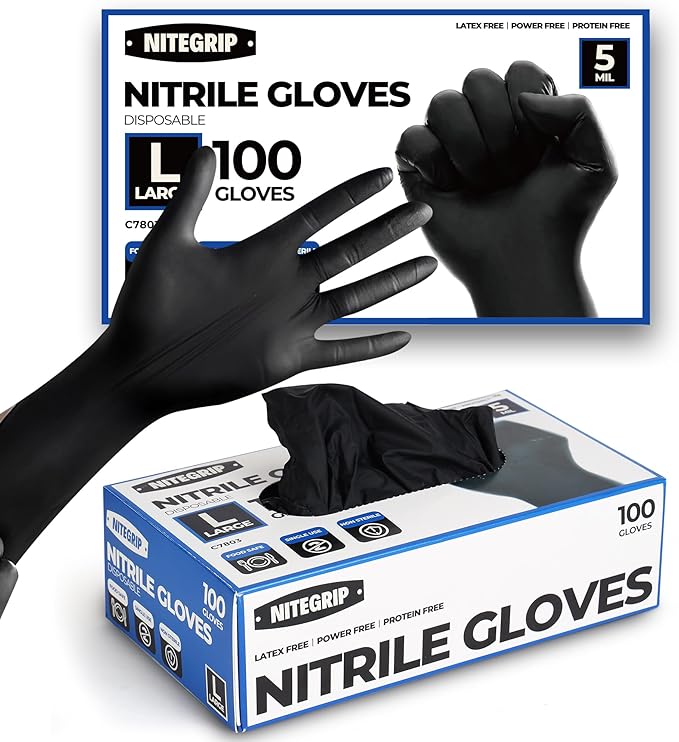 Disposable BBQ Gloves Kit – 100 Black Nitrile Gloves (5 Mil, Latex-Free) + 4 Washable Cotton Glove Liners, Non-Slip for Grilling, Smoking, Meat Handling, Food Prep (Large)