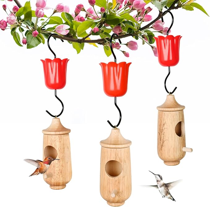 3 Pack Hummingbird House, with Hummingbird Feeders for Outdoors Hanging, Wooden Hummingbird Houses for Outside for Nesting, Bird Houses for Garden Window Outdoor Home (Oak Ears of Wheat)