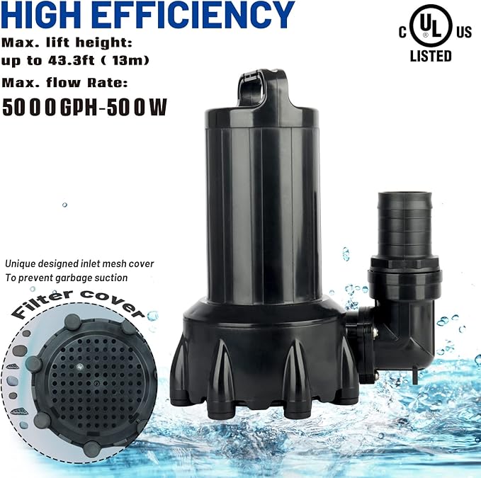 OYO WATER Large 5000GPH Submersible Outdoor Inline Pond Pump High Head Water Pump for Garden Waterfall Fountain Water Circulation for Koi Fish Pond
