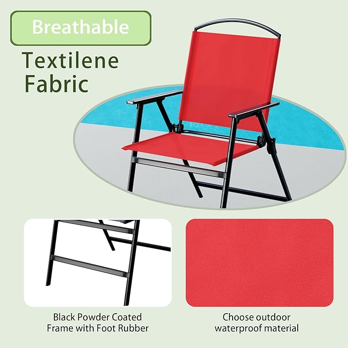 Outdoor Folding Patio Dining Chairs Set of 2 With Armrest Heavy-Duty Lightweight Protable Foldable Patio Sling Chair for Garden Lawn Poolside Backyard Deck Bistro Balcony Sillas Furnitures(2, red)