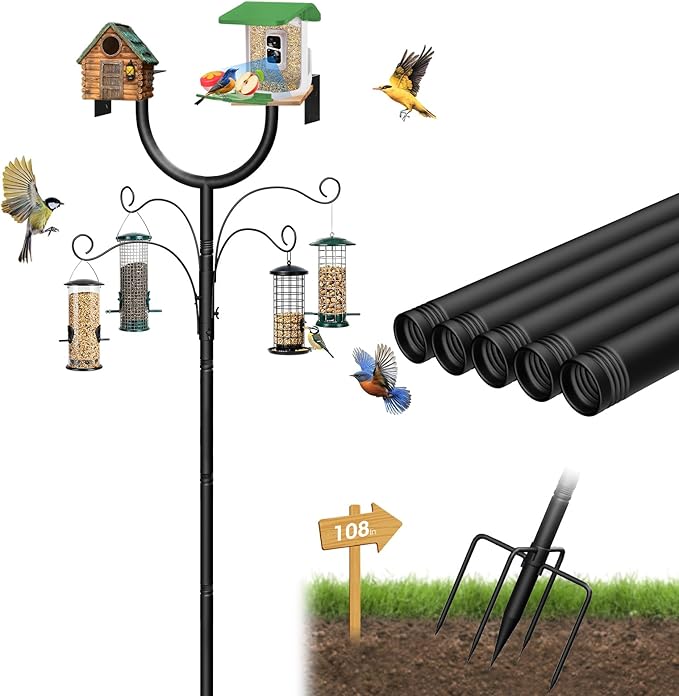 Bird Feeder Pole,Adjustable 47"-108" Heavy Duty Bird House Pole,Upgraded U-Shape Platform,4 Shepherd Hooks for Outdoor Garden & Yard