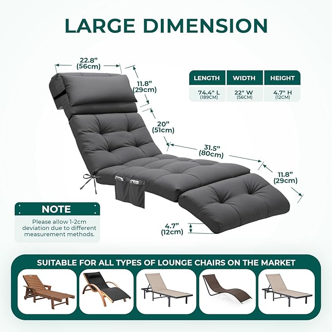Outdoor Chaise Lounge Chair Cushion Waterproof 74.4 x 22 x 4.7 Inches Lounge Chair Cushions Thickened for Outdoor Furniture with Headrest and Pocket, Replacement Pool Lounge Cushions, Grey