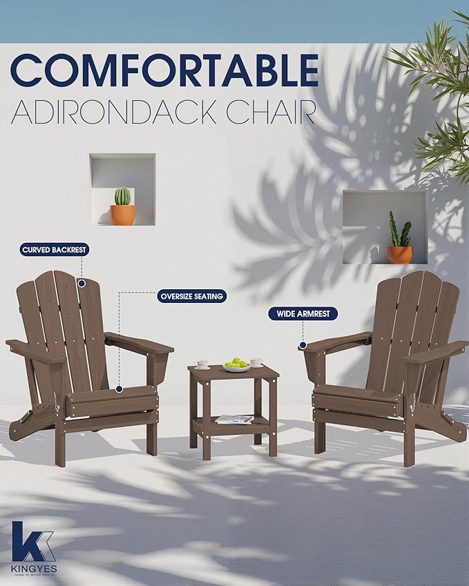 KINGYES Folding Adirondack Chair, HDPE All-Weather Patio Chairs, Wooden Textured Lawn Chair for Poolside, Backyard, Deck, Fire Pit, Brown