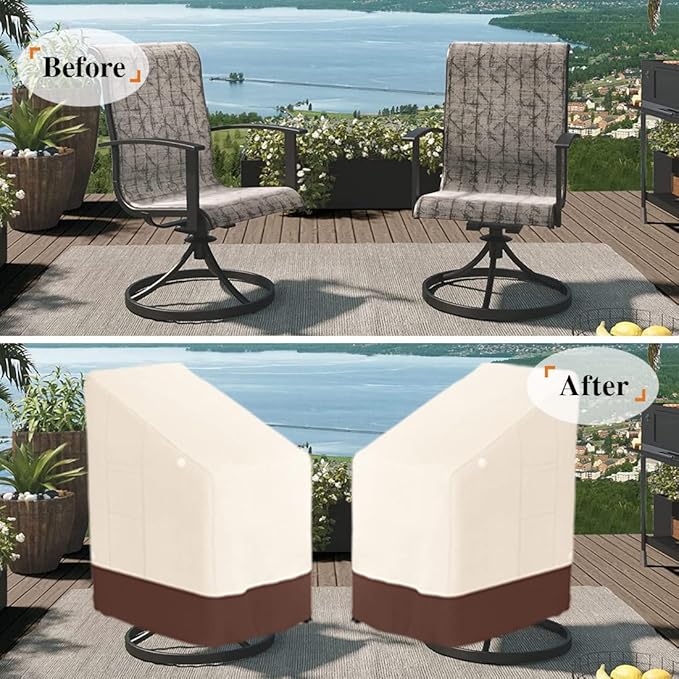 Tuyeho Patio Stackable Chair Cover 36 x 28 x 47 inch, 900D Heavy Duty Outdoor High Back Cover, Waterproof & Weather Resistant for Your Stackable Dining Chair (Beige & Brown)