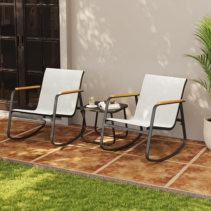 Aiho 3-Piece Patio Furniture Set, Outdoor Furniture with Textilene Fabric Rocker Chairs with Coffee Table, Patio Bistro Sets for Garden, Balcony, Poolside(White)