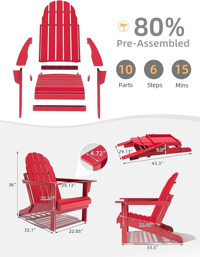 Folding Adirondack Chair - Durable HDPE Poly Lumber All-Weather Resistant, Foldable Oversized Balcony Porch Patio Outdoor Chair for Lawn, Backyard, Deck, Garden, Camping - Easy Installation, Red