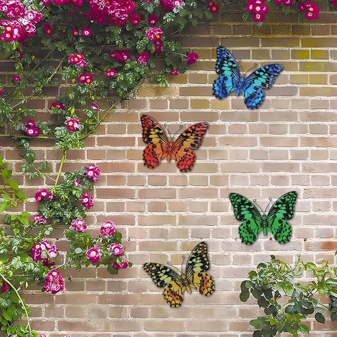 4 Pcs Butterfly Wall Decor Art, Butterflies Outdoor Metal Wall Art with Vivid Pattern, Hand Painted Outdoor Garden Yard Fence Patio Decor Gift for Women Mom