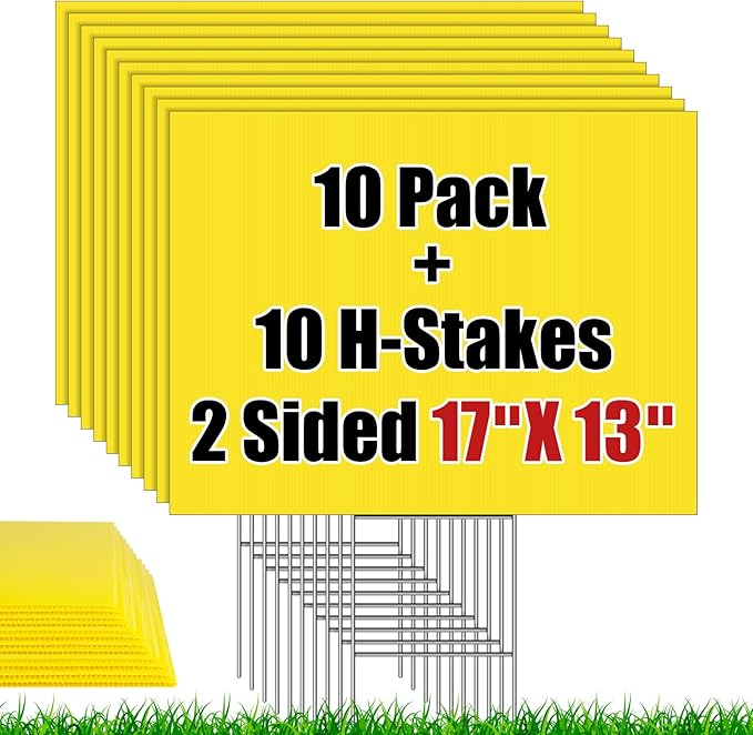 IKAYAS 10 Pack Blank Yellow Yard Signs with Stakes, 17 x 13 Inches Garden Yellow Yard Signs Yard Sale Signs Corrugated Plastic Signs for Party Decorations,Garage Sale, Guidepost, Open House