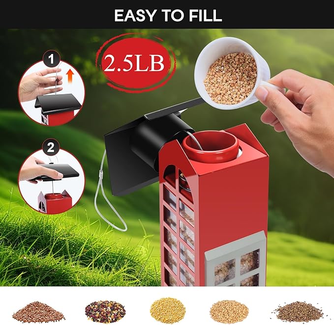 Bird Feeders Squirrel Proof for Outdoor Hanging, Weight Activated Metal Wild Bird Feeders, Spring Cardinal Tube Birdhouse Finch Seed Feeder with 4 Feeding Ports, 2.5LB Capacity