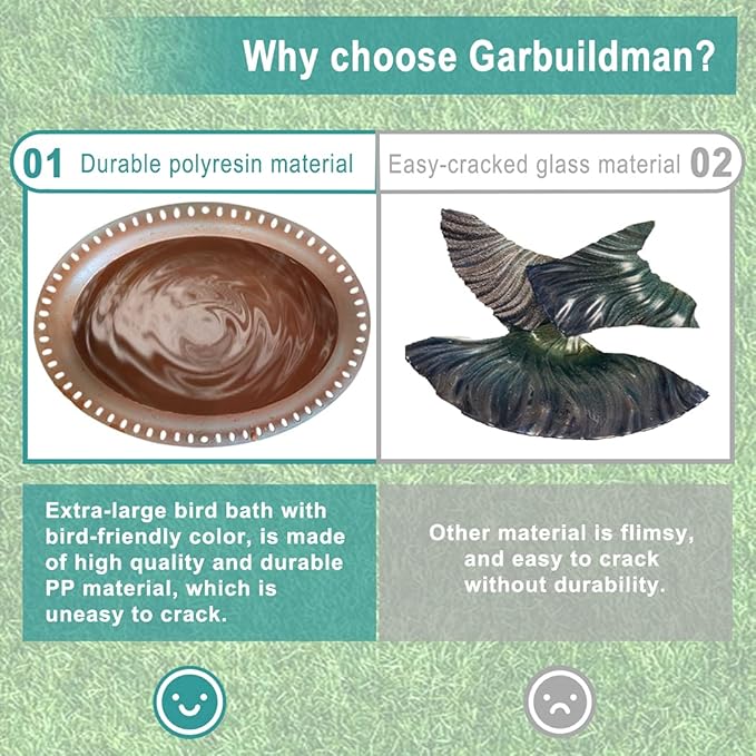 Garbuildman Extra-Large Freestanding Birdbaths Bowl, Detachable Decoration Spa with Metal Stake Stand & Birdfeeder for Outdoor Garden, Oval Style, Chocolate