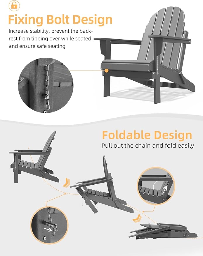 Folding Adirondack Chair - Durable HDPE Poly Lumber All-Weather Resistant, Foldable Oversized Balcony Porch Patio Outdoor Chair for Lawn, Backyard, Deck, Garden, Camping - Easy Installation, Gray