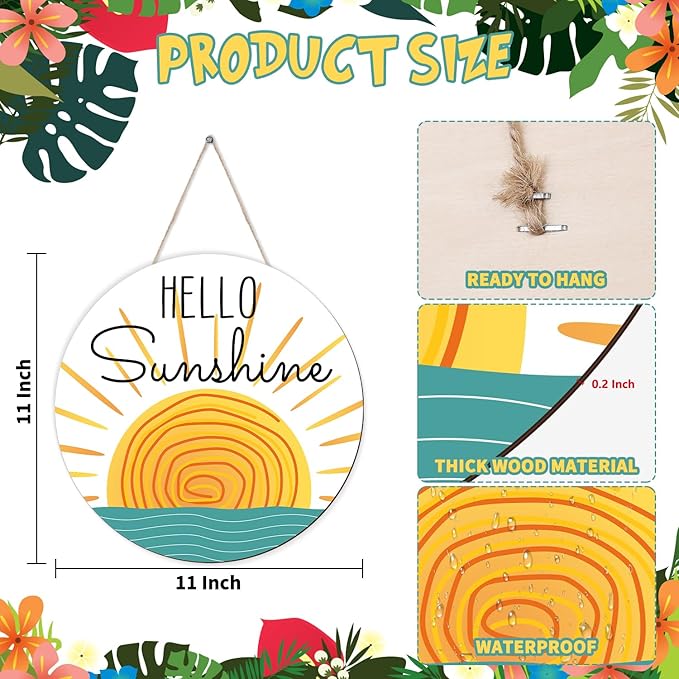 Summer Decorations Door Hanging Sign Wreath Hello Sunshine Wooden Door Hanger Farmhouse Rustic Welcome Summer Wreath Sign for Pool, Tree, Front Door, Wall, Party Supplies