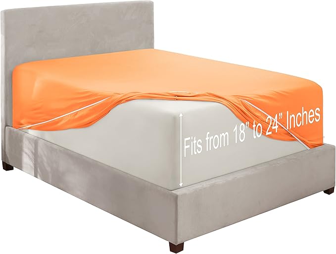 Clara Clark Fitted Sheet, Extra Deep Pocket Fits Deep Mattress, Luxury Soft Fitted Sheet Only, Twin - Extra Deep Apricot Orange