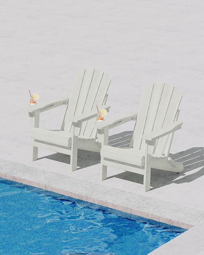 Folding Adirondack Chair Set of 6, All-Weather HDPE Outdoor Chair, Wooden Textured with Cup Holder for patios, Decks, Gardens, fire pits, White