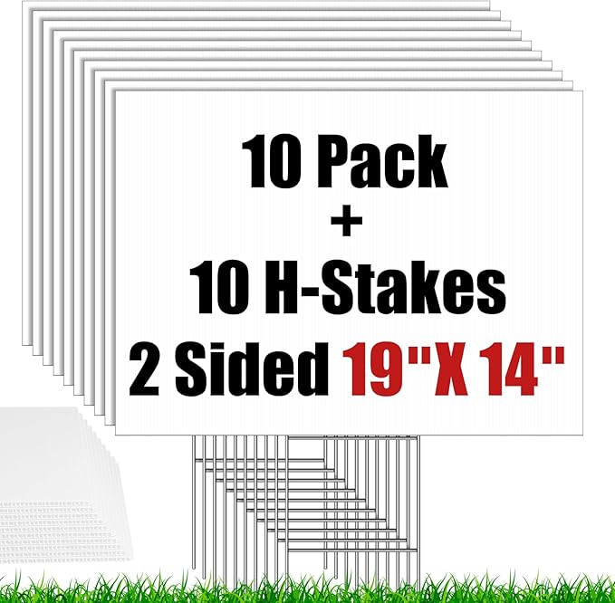 IKAYAS 10 Pack Blank Yard Signs with Stakes, Large Size 19 x 14 Inches White Garden Yard Signs Yard Sale Signs Corrugated Plastic Signs for Party Decorations,Garage Sale, Guidepost, Open House