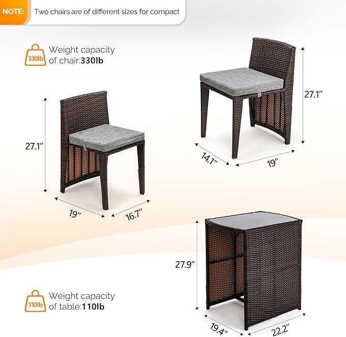 Bonnlo 3 PCS Wicker Outdoor Patio Bistro Set, Patio Furniture Set for Small Space with Glass Top Table Dining Chairs, Balcony Furniture Patio Table and Chairs Set of 2 for Garden Yard Porch (Brown)
