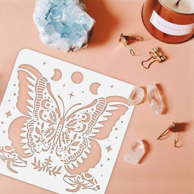 FINGERINSPIRE Butterfly Stencil 11.8x11.8 inch Moon Phase Stencils Plastic Mushroom Stencil Reusable Butterfly Moon Phase Mushroom Stars Pattern Stencils for Painting on Wood, Floor, Wall and Tile