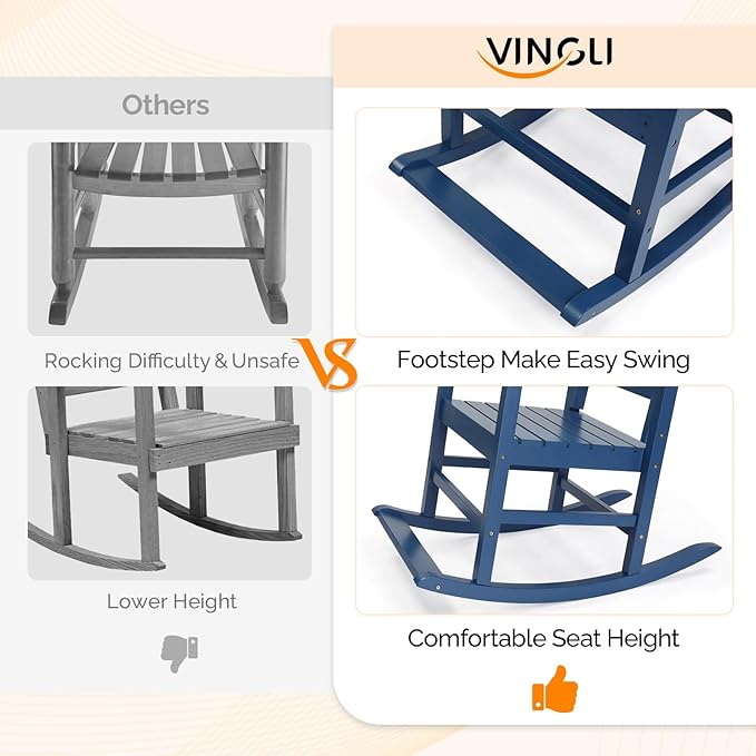 VINGLI Outdoor Rocking Chair with Footrest, Wooden Rocking Chair with 450 LBS Weight Capacity, Patio Rocker with Comfortable Backrest for Garden, Yard (Navy Blue, 1PC)