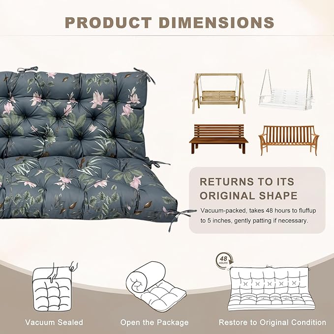 Porch Swing Cushion with Backrest,Waterproof Bench Cushion for Outdoor Furniture,2-3 Seater Replacement Thickened Swing Cushion with Ties,Patio,Outdoor,Backyard and Garden (Tropical Blossom,47x40")