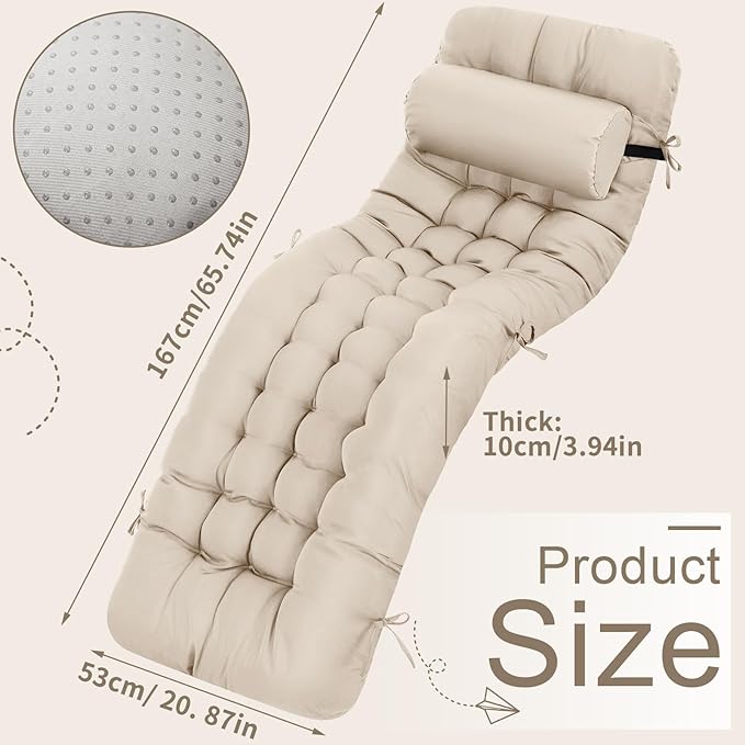 Tudomro 2 Pcs Light Beige 66'' Outdoor Chaise Lounge Cushion Waterproof Patio Lawn Pool Chaise Lounge Cushion with Headrest Pillow & Ties Weather Fade Resistant Replacement Longue Chair Pad