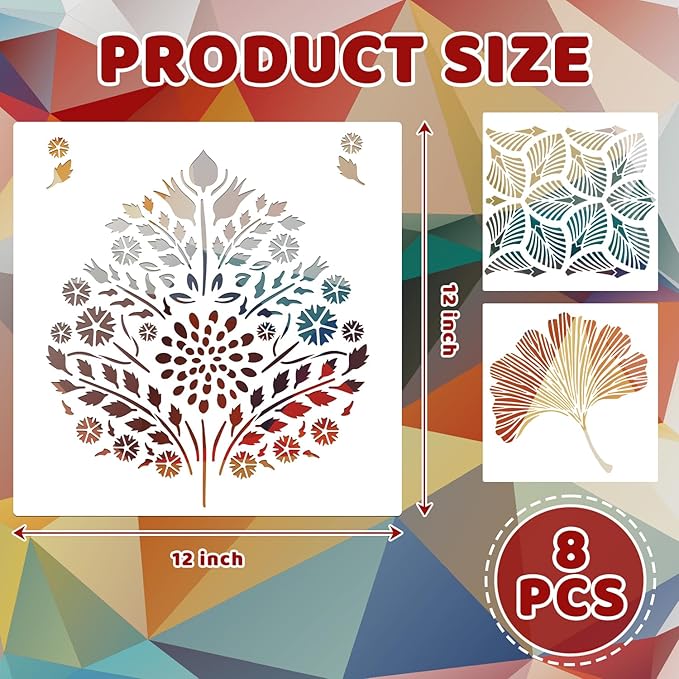 8 PCS Large Geometric Stencils, Reusable Plastic Drawing Template for Painting on Wall Wood Floor Tile DIY Art Furniture Home Decoration, 12 x 12 Inch