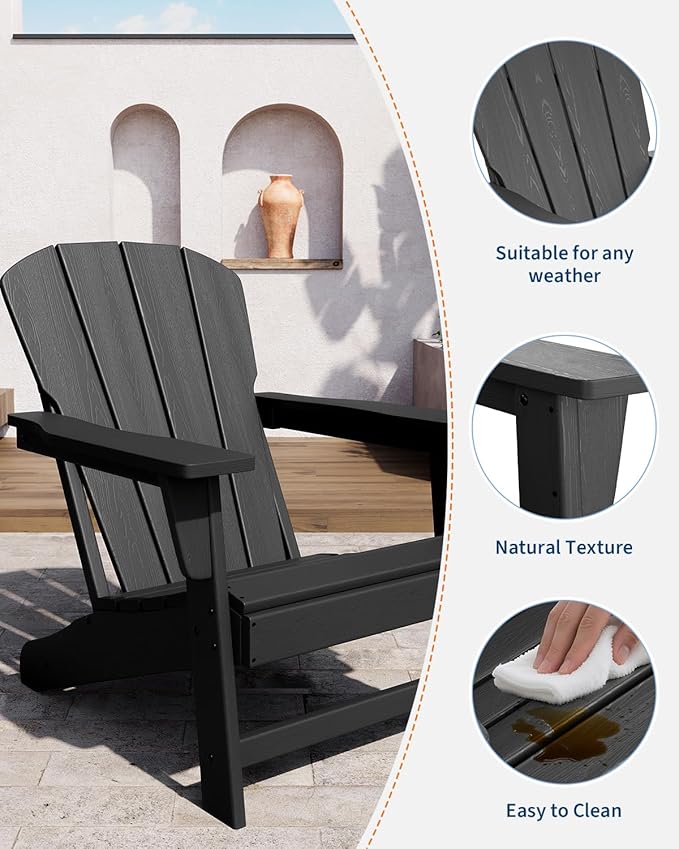 Modern HDPE Plastic Adirondack Chair - Oversize 380 LB Poly Lumber Weather Resistant Firepit Chair - Outdoor Patio Chairs with Wooden Textured for Garden, Backyard, Lawn, Deck, Pool, Porch - Black