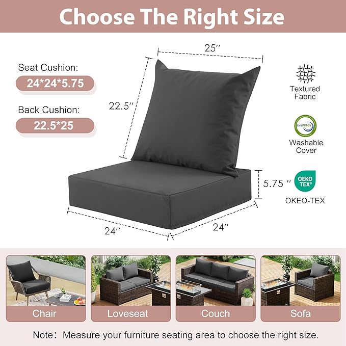 Outdoor Deep Seat Cushion Set, 24x24 Inch Water-Resistant & Fade-Resistant Outdoor Chair Cushions, Patio Furniture Cushions with Removable Cover for Patio Chair, Sofa, Dark Grey (Set of 1)