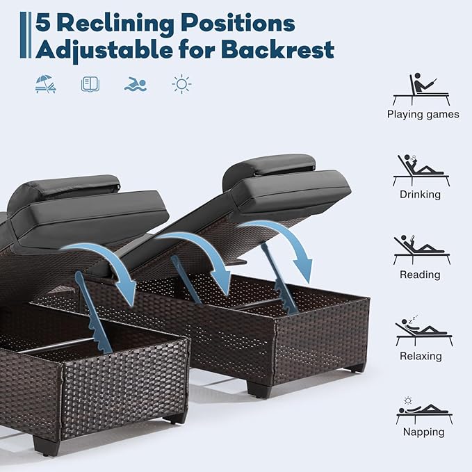 Outdoor Lounge Chairs, Pool Lounge Chairs Set of 2, Outdoor Chaise Lounge with Adjustable Backrest & Cup Holder,Grey