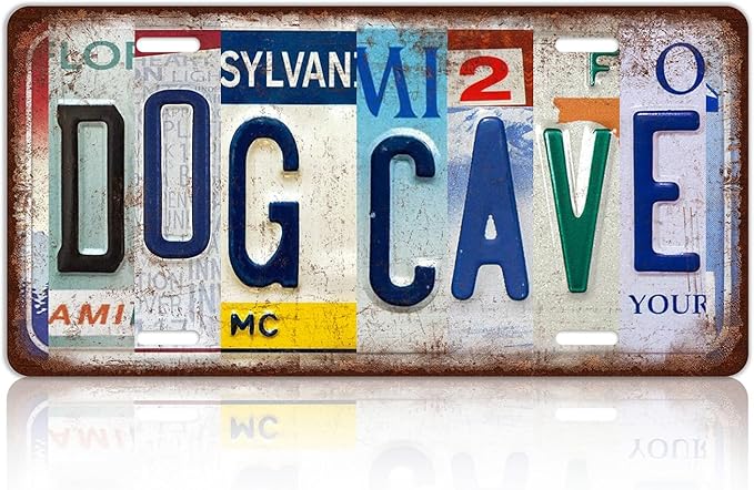 Vintage Dog Cave Metal Tin Sign License Plate Wall Decor 12 x 6 Inches