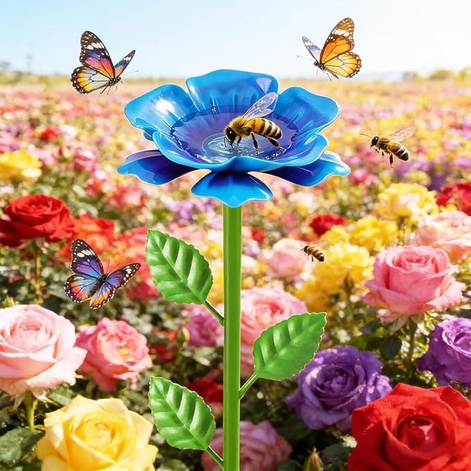 4 Pack Bee Watering Station, Metal Bee Water Station with Flower Design Colorful Butterfly Bath Bowl Drinking Feeder Cups for Outdoor Garden Yard Decor (Red,Pink,Blue,Yellow)