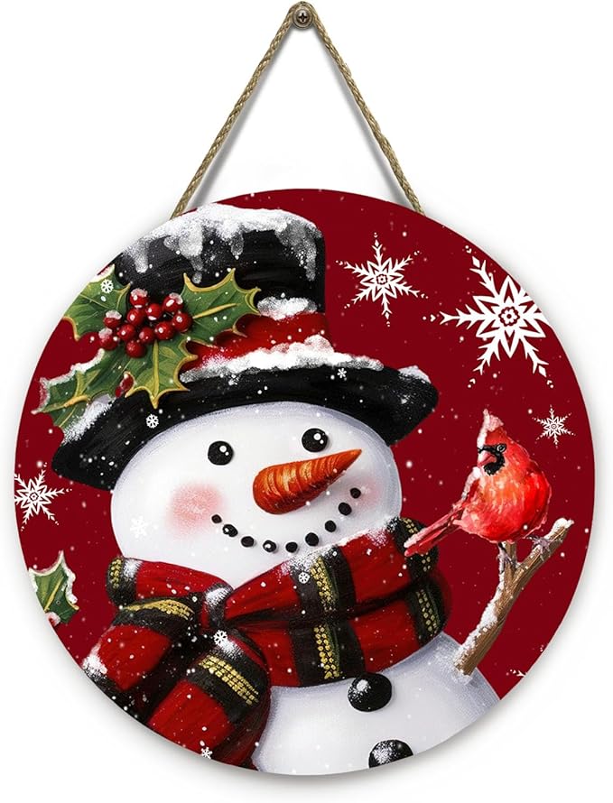 Snowman Xmas Door Sign Cardinal Snowflakes Door Hanger for Porch Wall Decor Winter Holiday Christma Outdoor Hanging Sign