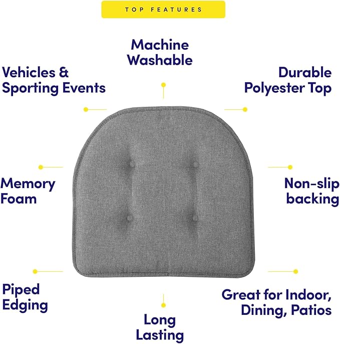 Sweet Home Collection Chair Cushion Memory Foam Pads Tufted Slip Non Skid Rubber Back U-Shaped 17" x 16" Seat Cover, 6 Pack, Grey