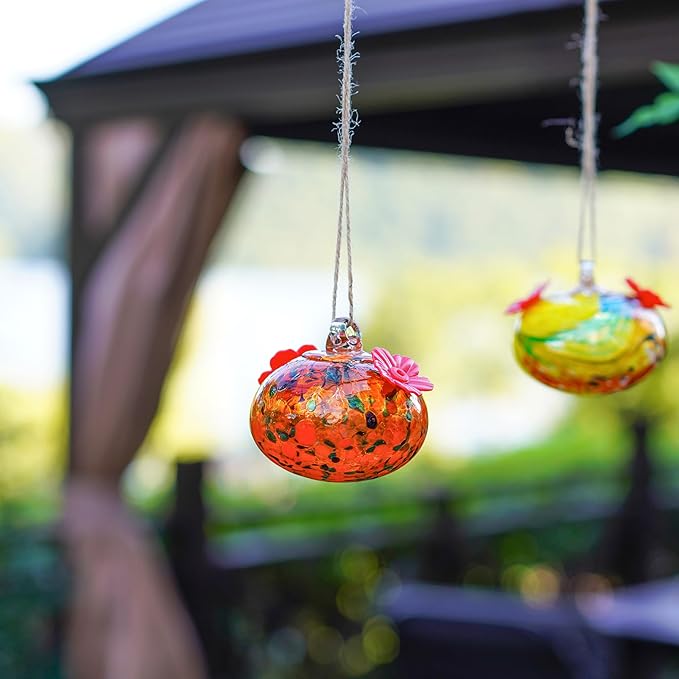 Set 2 Hummingbird Feeders for Outdoors Hanging 3.2in Small Blown Glass Humming Bird Feeder for Window Humming Bird Feeders with 2 Flower Feeding Ports
