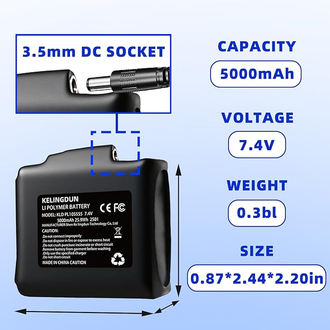 2pcs 5000mAh 7.4V Lithium Polymer Batteries.Rechargeable Li-Polymer Batteries for Heated Gloves, Socks,and Jackets, Ideal for Skiing,Fishing,and Winter Sports. Female DC Jack Compatibility.