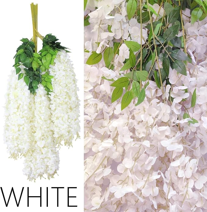 48Pcs Artificial Wisteria Flowers 3.6 Feet/Piece White Dense Artificial Fake Wisteria Vine Ratta Hanging Garland Silk Flowers String Home Party Wedding Decor(White-Dense)