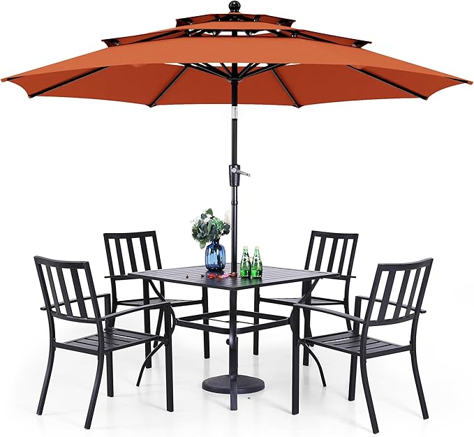 PHI VILLA 5 Piece Outdoor Dining Set with 10ft Umbrella, 37" Square Metal Dining Table & 4 Stacking Metal Chair with 3 Tier Red Umbrella for Patio, Deck, Yard, Porch