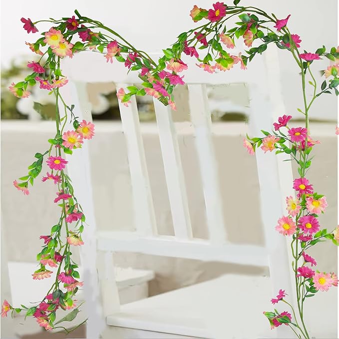 CISDUEO Artificial Daisy Flowers Vine Silk Flower Garland Spring Fake Flower Vine Hanging Ivy with Pink Daisy Flowers Green Leaves for Wall Party Wedding Arch Floral Decor Home Indoor Outdoor Ceremony
